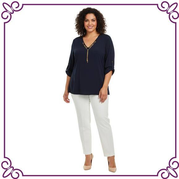 MICHEAL Kors Blue Luz Matte Jersey Chain Lace-Up V-Neck Tunic Blouse 3X - Picture 1 of 9